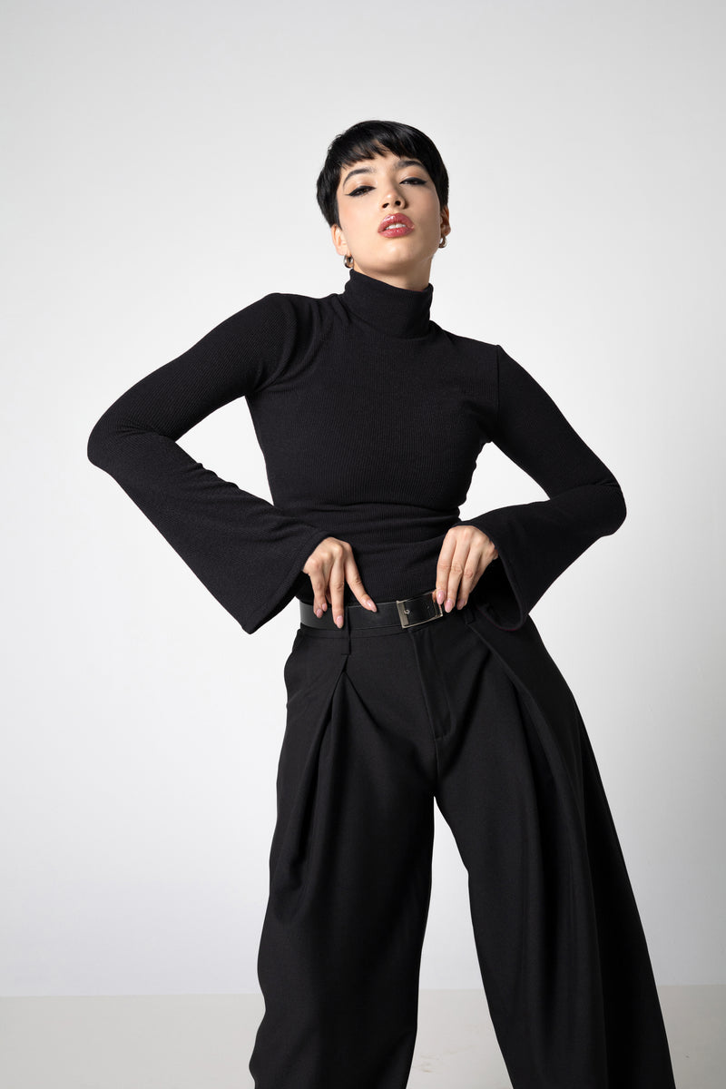 Black Ribbed Knit Turtleneck Top with flare Sleeves – Cotton Blend Sweater