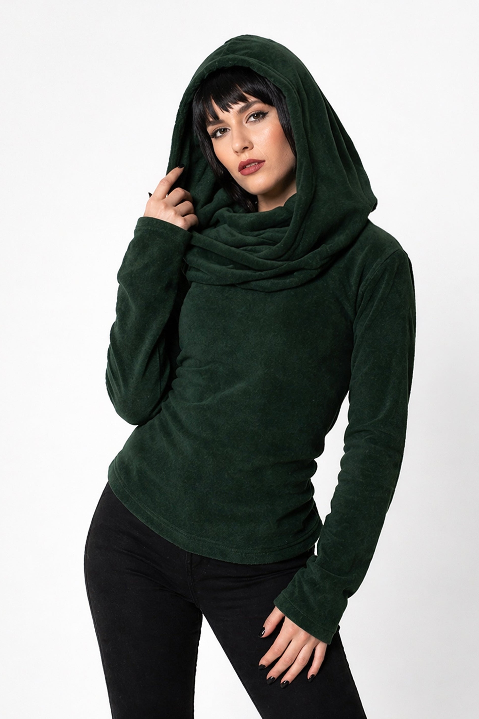 Grünes Feen-Kapuzenpullover mit Wasserfallausschnitt – Elfen-Hoodie aus Baumwollfleece