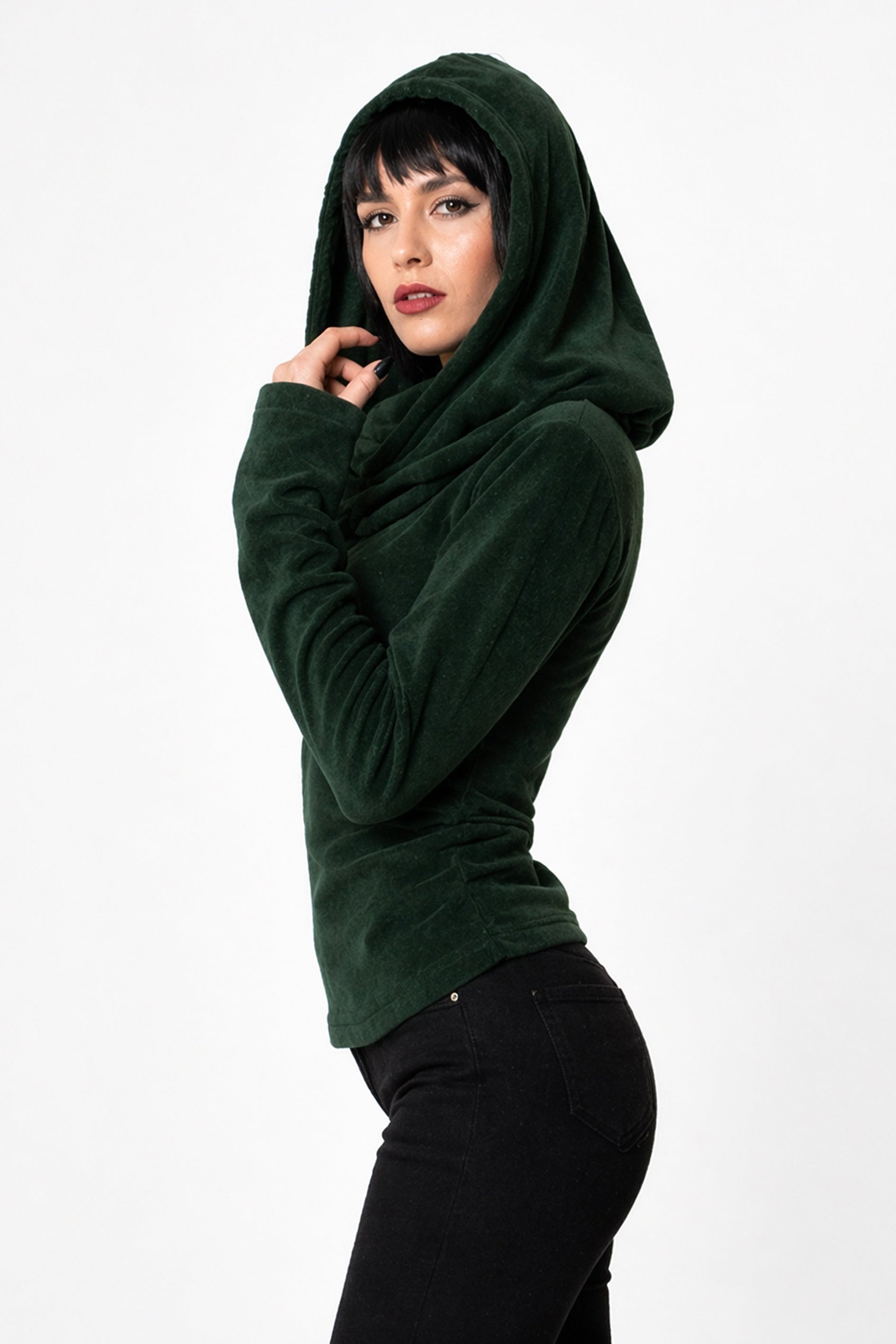 Grünes Feen-Kapuzenpullover mit Wasserfallausschnitt – Elfen-Hoodie aus Baumwollfleece