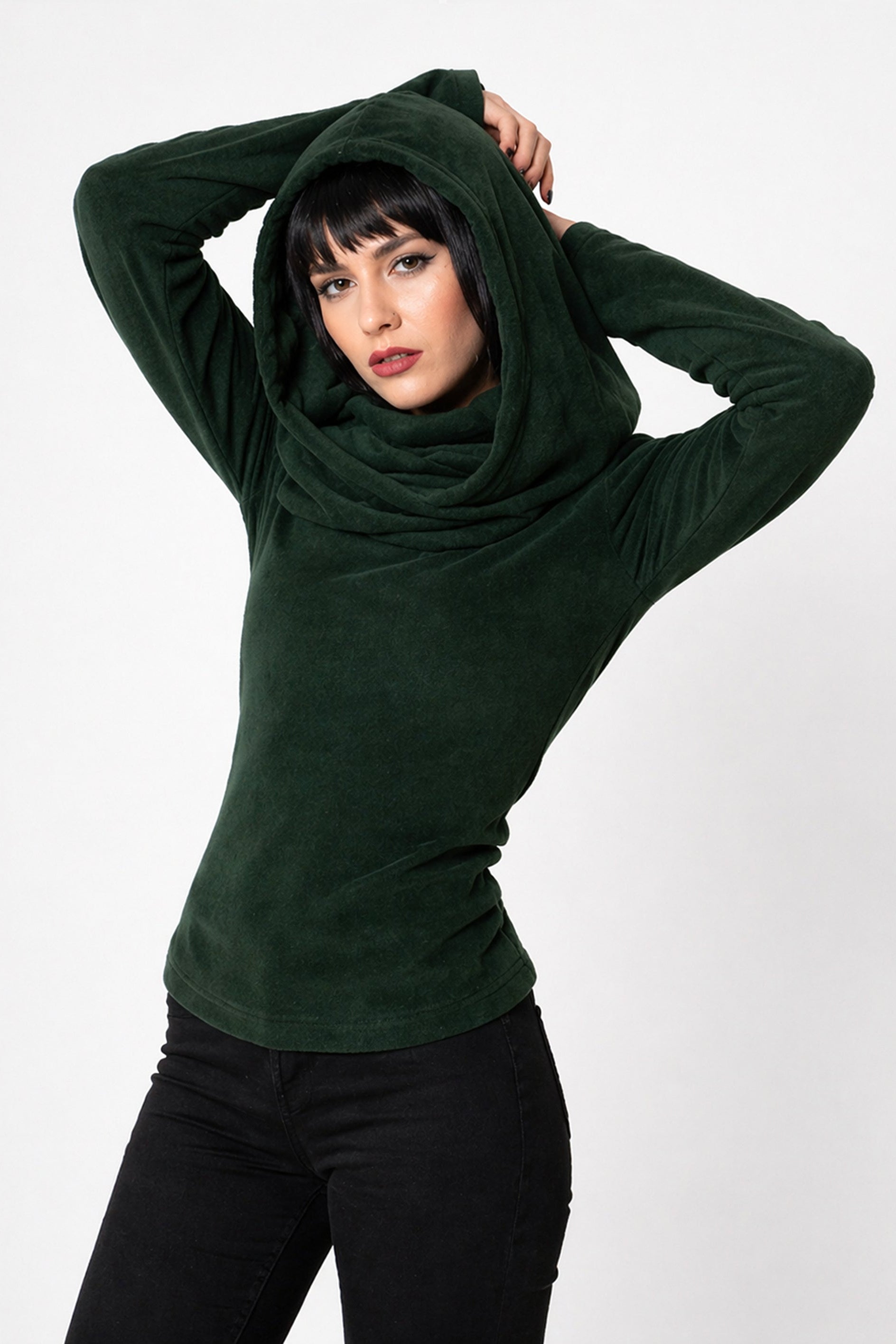 Grünes Feen-Kapuzenpullover mit Wasserfallausschnitt – Elfen-Hoodie aus Baumwollfleece