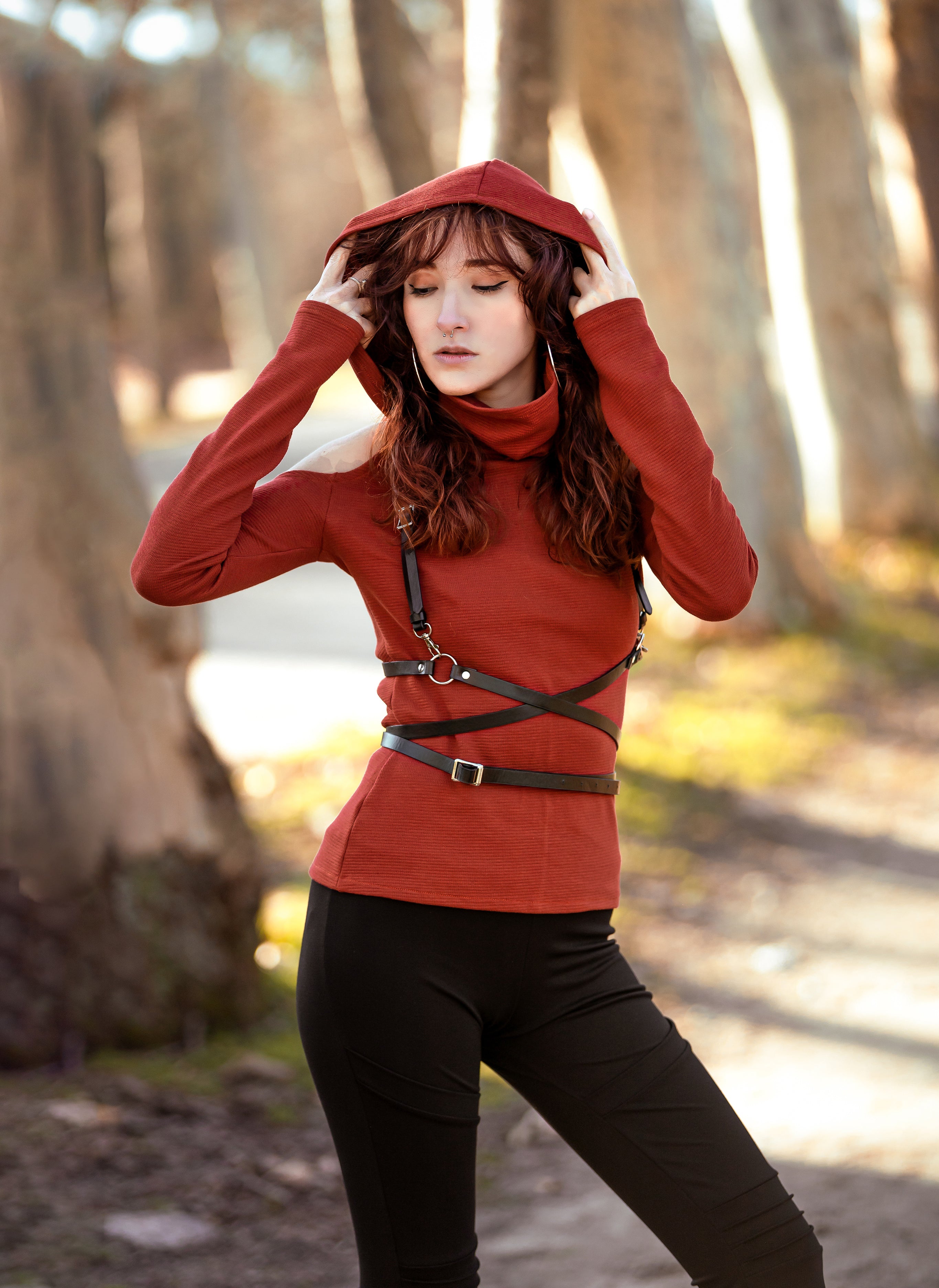 Rust Orange Elven Hoodie with Face Mask – Festival Pixie Long Sleeve Top