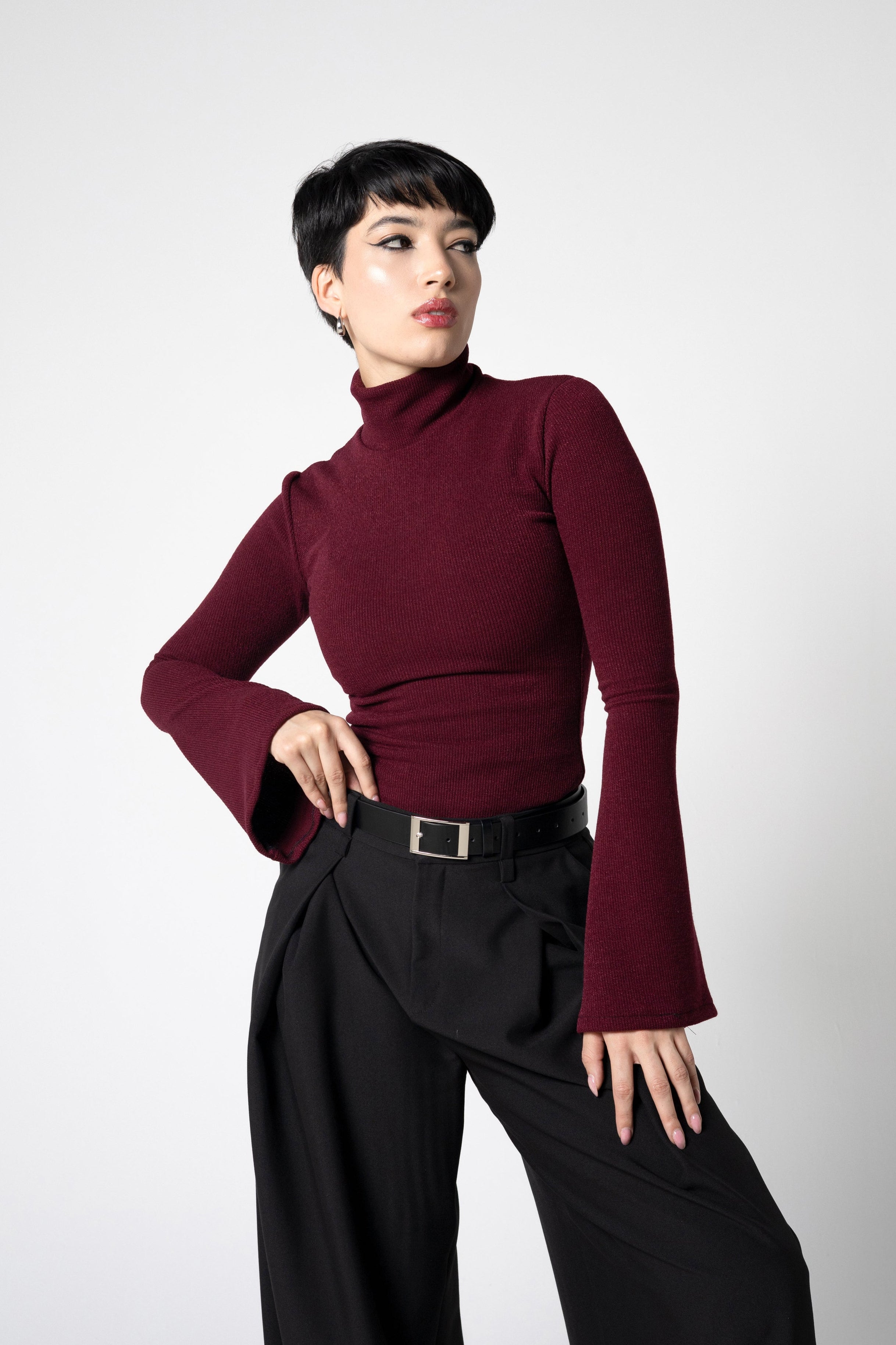 【試着のみ】BELL SLEEVE TURTLE KNIT TOPS Wine Ribbed Knit Turtleneck Top with Bell Sleeves – S to 3XL