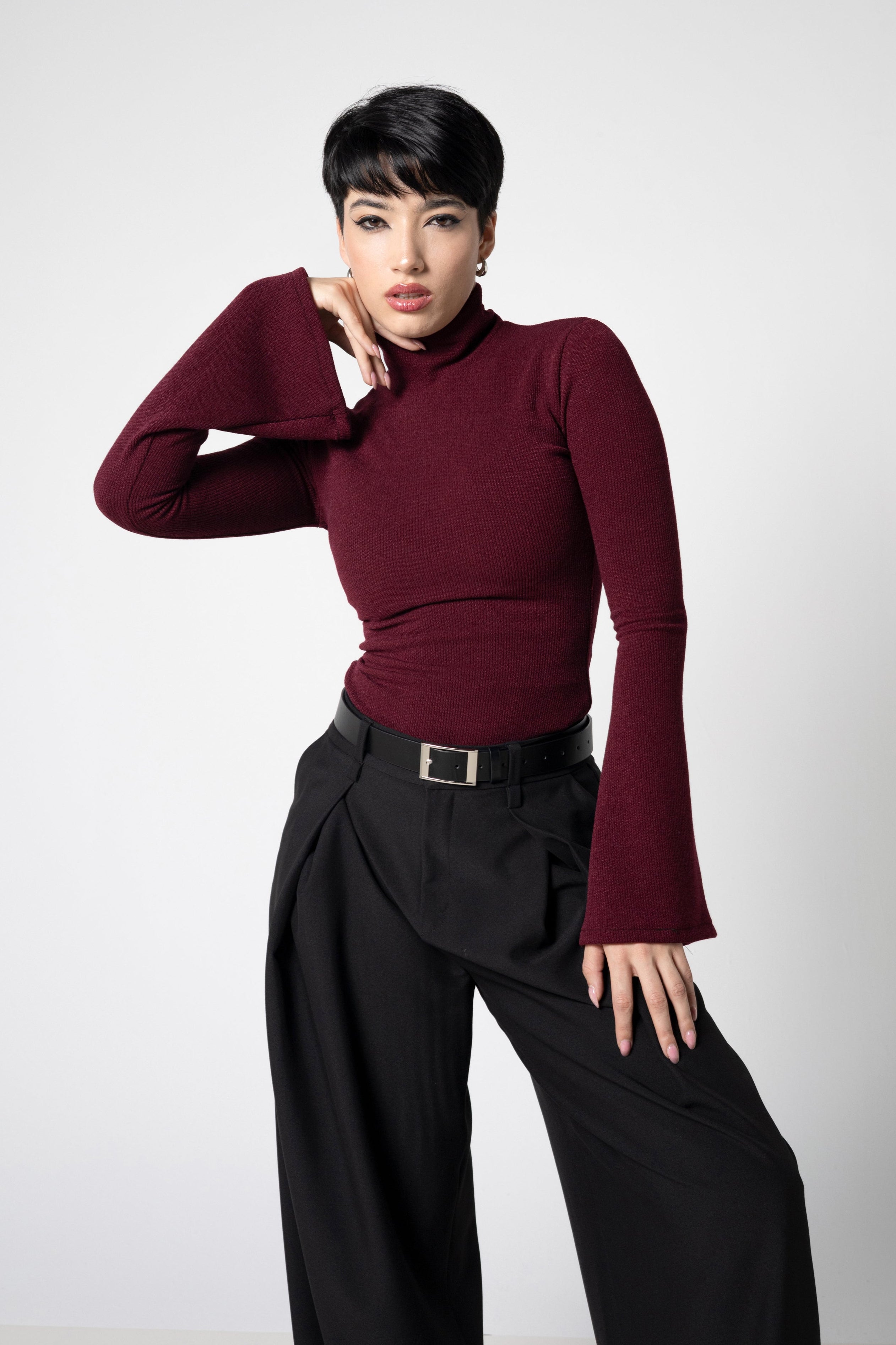 Wine Ribbed Knit Turtleneck Top with Bell Sleeves – Cotton Blend Sweater