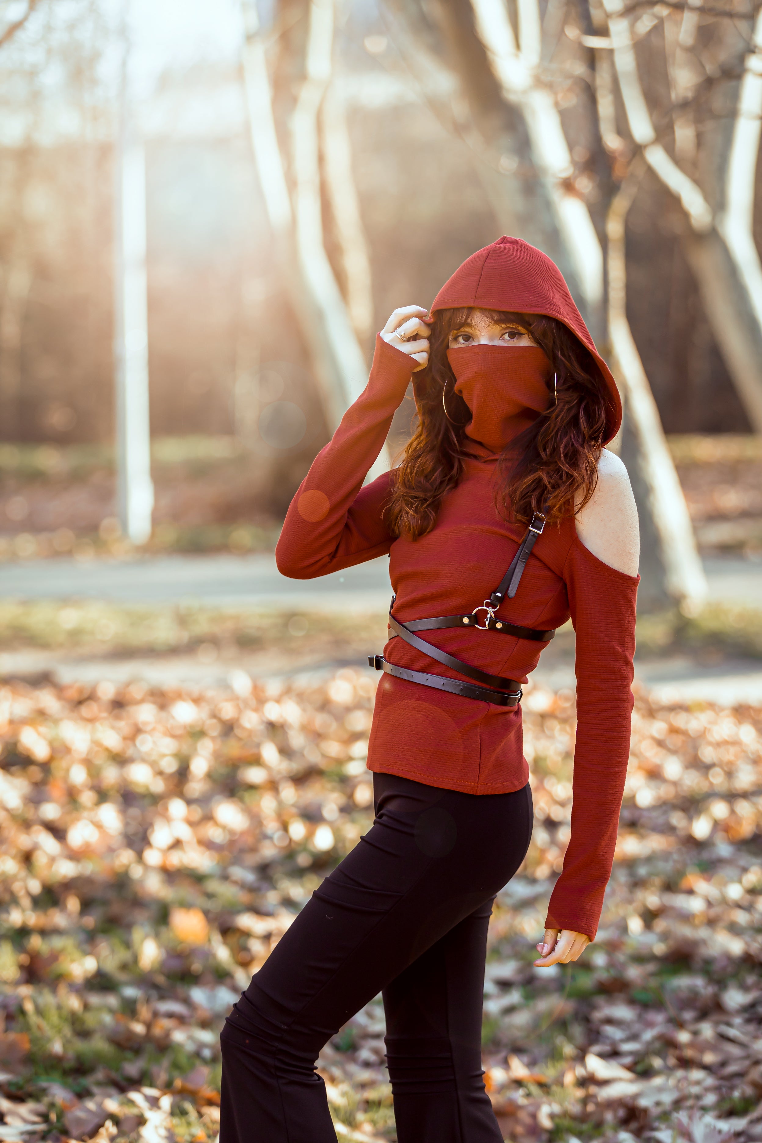 Rust Orange Elven Hoodie with Face Mask – Festival Pixie Long Sleeve Top