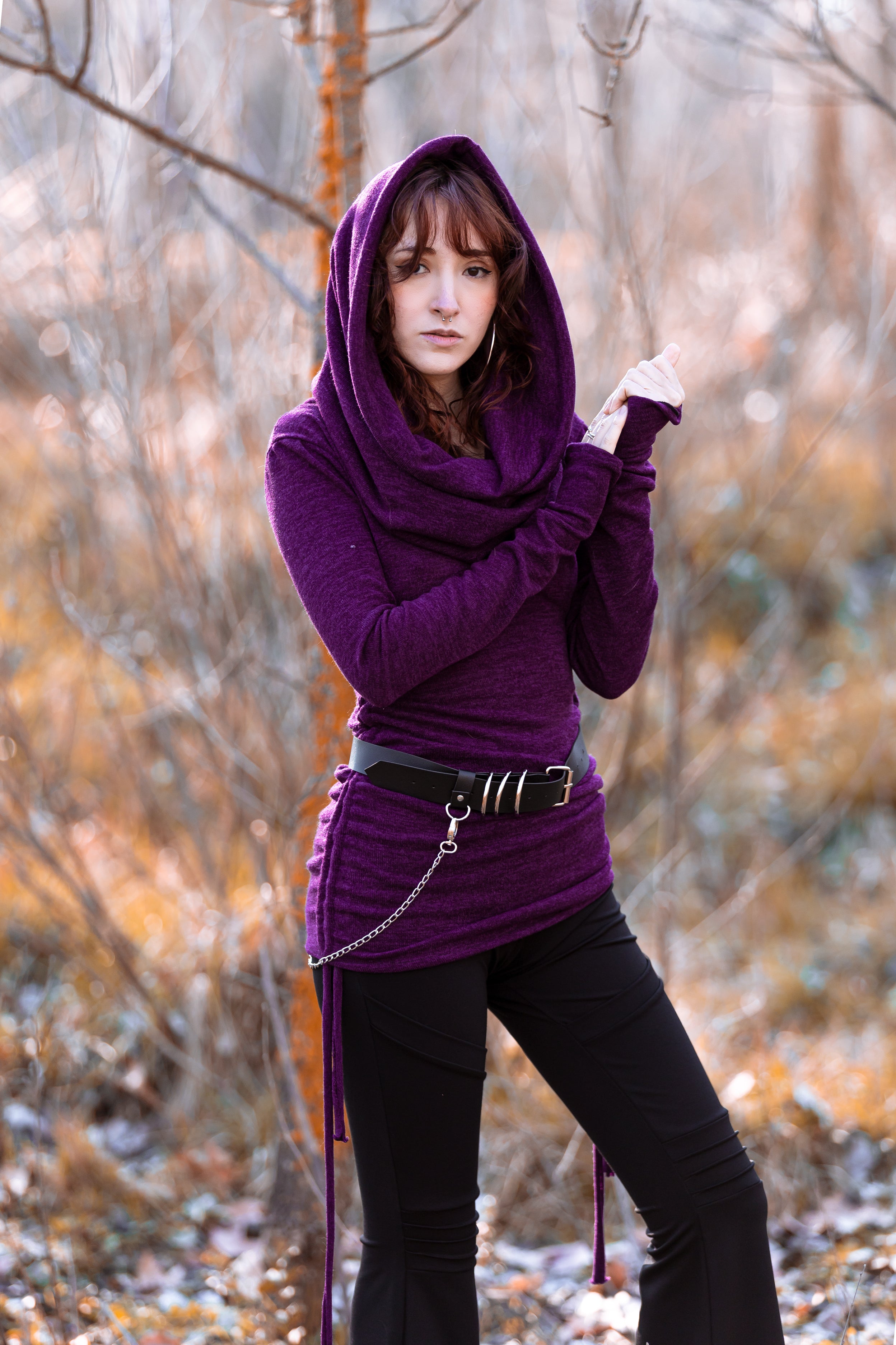 Purple cowl hooded sweater with adjustable length