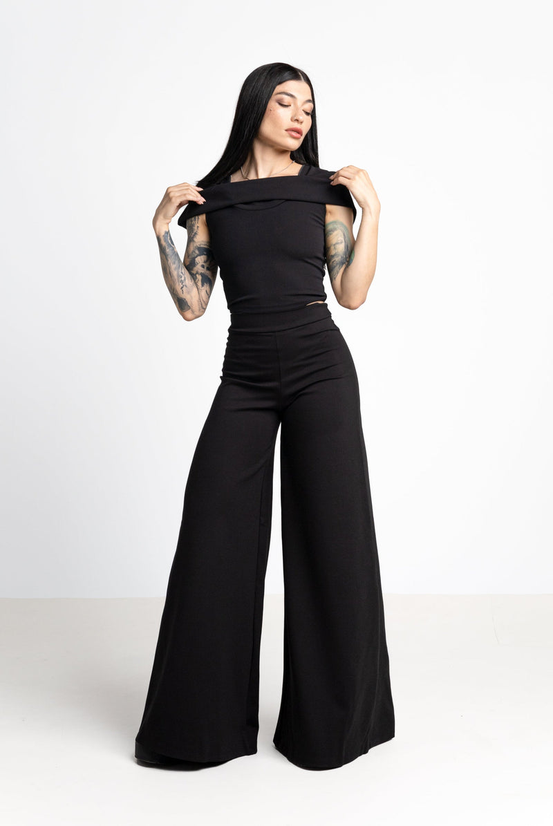 Schwarze Maxi-Palazzohose mit weitem Bein